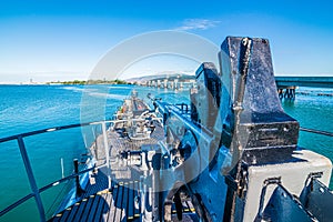 USA, HAWAII - June 23, 2022: USS Bowfin Submarine and Admiral Clarey Bridge, also known as the Ford Island Bridge in Pearl Harbor