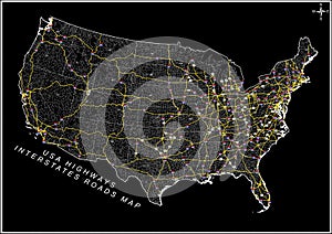 USA Highways Interstates Roads Map Black Background Map HD vector photo