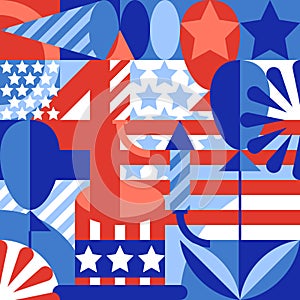 USA holiday 4th of July color block geometric pattern. Vector background, banner, poster, greeting card design elements