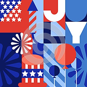 USA holiday 4th of July color block geometric pattern. Vector background, banner, poster, greeting card design elements
