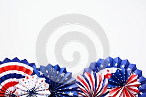 USA holiday banner design. American flag color paper fans on white background. Happy Independence day, President`s Day, Labor day