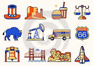 USA Icons and Design Elements in Line Art