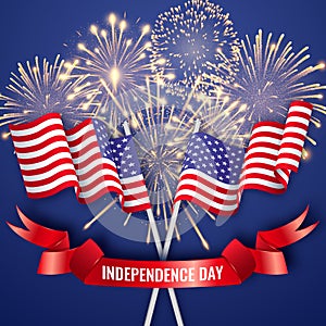 USA Independence day. Banner with two crossing American national flags, ribbon and fireworks. 4th of July poster