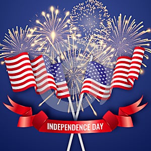 USA Independence day. Banner with two crossing American national flags, ribbon and fireworks. 4th of July poster template