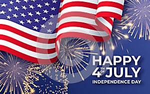 USA Independence day. Banner with waving American national flag and fireworks. 4th of July poster template