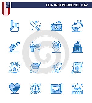 USA Independence Day Blue Set of 16 USA Pictograms of gun; howitzer; usa; cannon; usa