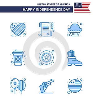 USA Independence Day Blue Set of 9 USA Pictograms of shose; star; dessert; police; drink