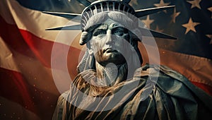 USA Independence Day Concept. Statue of Liberty in front of American Flag extreme closeup
