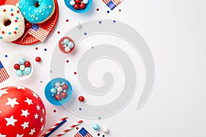 USA Independence Day concept. Top view photo of national flags balloon confetti paper baking molds with candies candles straws and