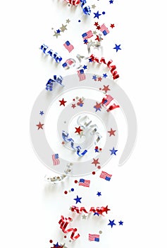 USA Independence Day confetti decorations american flag colors top view isolated