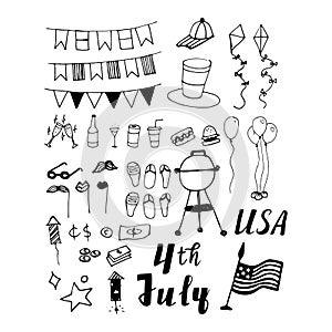 USA Independence day doodle set. 4th of July