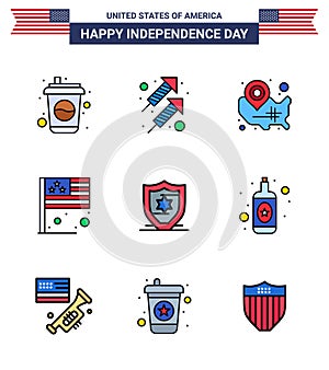 USA Independence Day Flat Filled Line Set of 9 USA Pictograms of american; flag; map; country; location pin