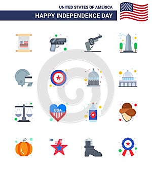 USA Independence Day Flat Set of 16 USA Pictograms of american; usa; gun; sight; landmark