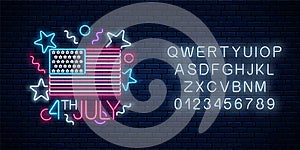 USA independence day glowing neon sign with usa flag and alphabet. 4th july holiday banner