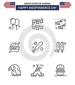 USA Independence Day Line Set of 9 USA Pictograms of food; corn dog; garland; hardball; baseball photo
