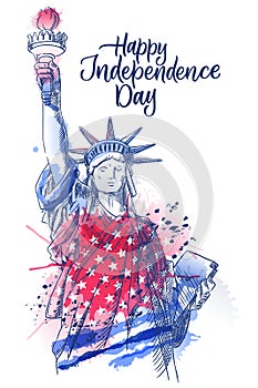 USA Independence Day poster print. Statue of liberty on american watercolor flag backgorund. Vector sketch illustration