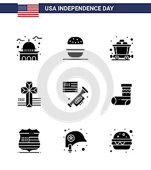 USA Independence Day Solid Glyph Set of 9 USA Pictograms of laud; flag; usa; church; american