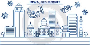 USA, Iowa , Des Moines winter city skyline. Merry Christmas and Happy New Year decorated banner. Winter greeting card