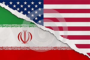 USA and Iran flag ripped paper grunge background