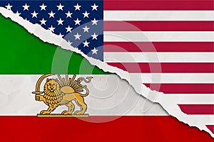 USA and Iran flag ripped paper grunge background