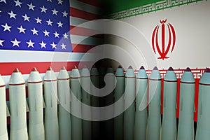 USA and Iran military conflict. Many missiles in front of American and Iran flags.