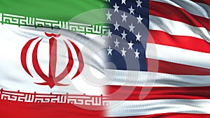 USA and Iran politicians exchanging top secret envelopes, flags background