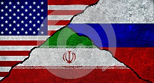 USA, Iran and Russia flag together on a textured wall