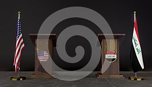 USA and Iraq flags. USA and Iraq flag. USA and Iraq negotiations. Rostrum for speeches. 3D work and 3D image