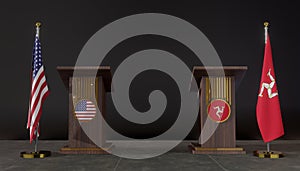 USA and Isle of Man flags. USA and Isle of Man flag. USA and Isle of Man negotiations. Rostrum for speeches. 3D work and 3D image