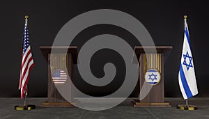 USA and Israel flags. USA and Israel flag. USA and Israel negotiations. Rostrum for speeches. 3D work and 3D image