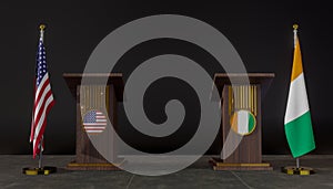 USA and Ivory Coast flags. USA and Ivory Coast flag. USA and Ivory Coast negotiations. Rostrum for speeches. 3D work and 3D image