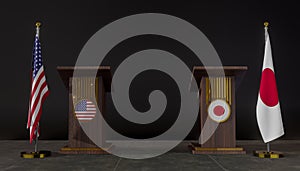 USA and Japan flags. USA and Japan flag. USA and Japan negotiations. Rostrum for speeches. 3D work and 3D image