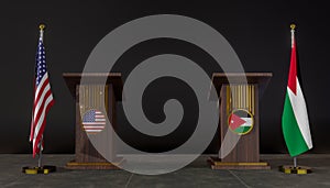 USA and Jordan flags. USA and Jordan flag. USA and Jordan negotiations. Rostrum for speeches. 3D work and 3D image