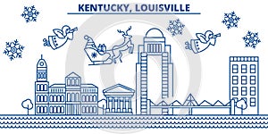 USA, Kentucky , Louisville winter city skyline. Merry Christmas and Happy New Year decorated banner. Winter greeting