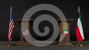 USA and Kuwait flags. USA and Kuwait flag. USA and Kuwait negotiations. Rostrum for speeches. 3D work and 3D image