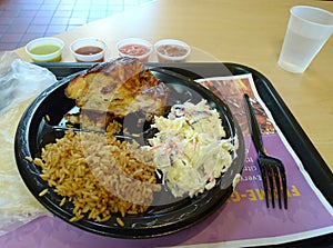 USA LA Los Angeles Monterey Park El Pollo Loco Fresh Grilled Chicken Breast Restaurant Coleslaw Vegetable Mexican Food Rice Salsa