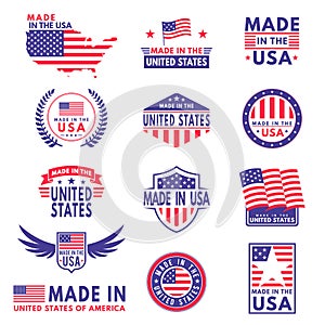 Usa labels. Flag made america american states flags label badge stamp star patriot stripe ribbon emblem sticker banner