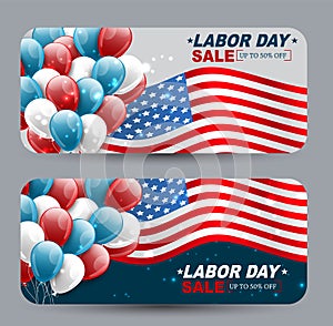USA Labor Day sale banners. National Holiday promotion vouchers or gist cards.