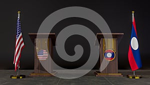 USA and Laos flags. USA and Laos flag. USA and Laos negotiations. Rostrum for speeches. 3D work and 3D image