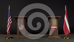 USA and Latvia flags. USA and Latvia flag. USA and Latvia negotiations. Rostrum for speeches. 3D work and 3D image