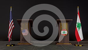 USA and Lebanon flags. USA and Lebanon flag. USA and Lebanon negotiations. Rostrum for speeches. 3D work and 3D image