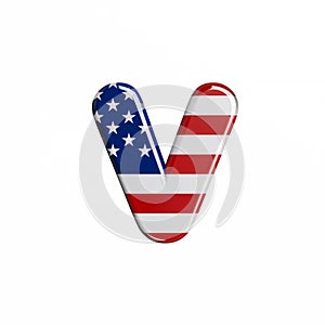 USA letter V - Lowercase 3d american flag font - American way of life, politics  or economics concept