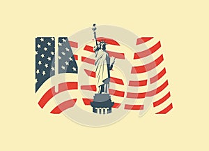 USA letters, american flag and Statue of Liberty