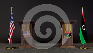 USA and Libya flags. USA and Libya flag. USA and Libya negotiations. Rostrum for speeches. 3D work and 3D image