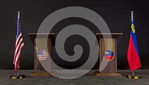 USA and Liechtenstein flags. USA and Liechtenstein flag. USA and Liechtenstein negotiations. Rostrum for speeches. 3D work and 3D