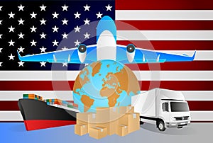 USA logistics concept illustration. National flag of USA from the back of globe, airplane, truck and cargo container ship