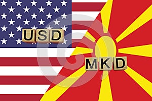 USA and Macedonia currencies codes on national flags background