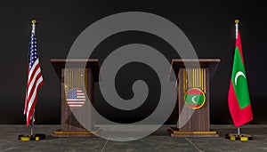 USA and Maldives flag. USA and Maldives negotiations. Rostrum for speeches. 3D work and 3D image