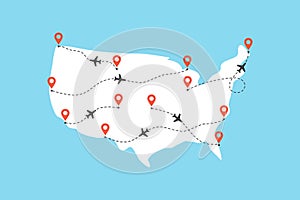 USA map with airplane flight paths on a blue background