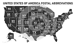 USA map with borders and abbreviations for US states. Black color states with white inscriptions. Flat style vector photo